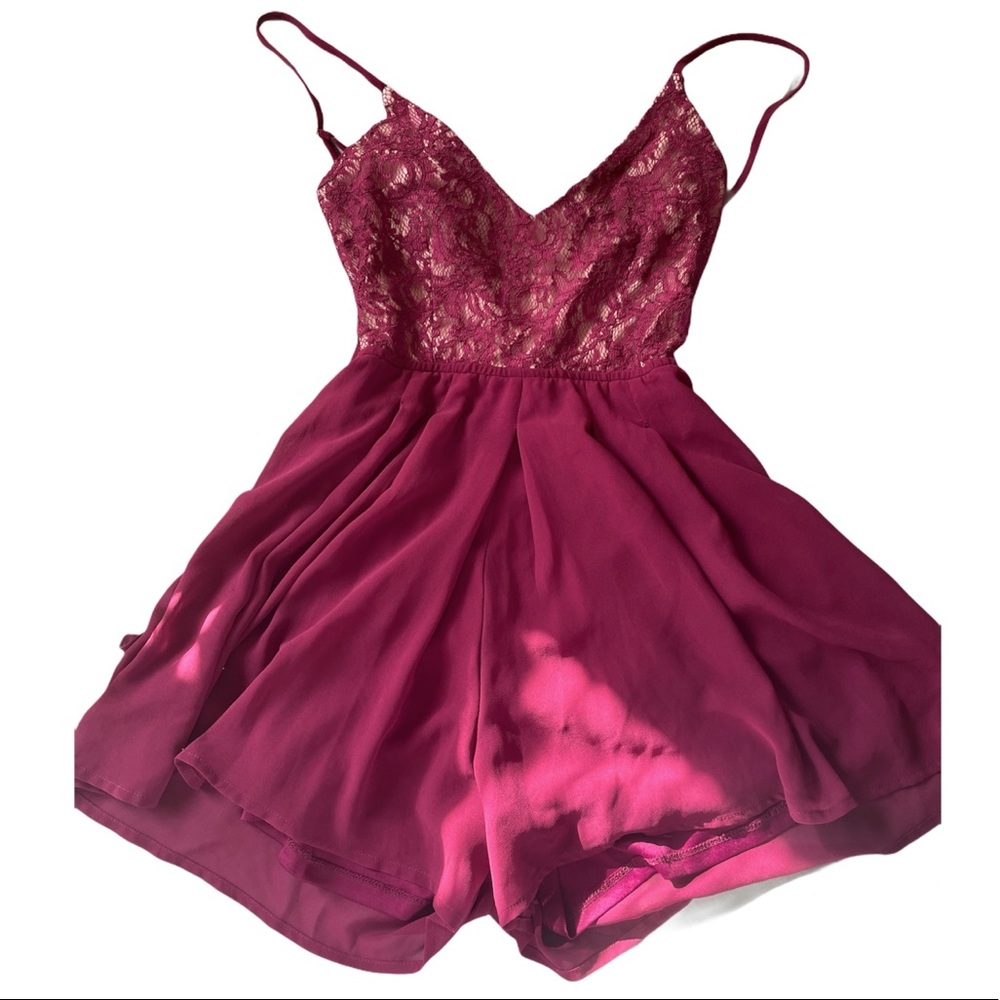 Wine lace low back romper